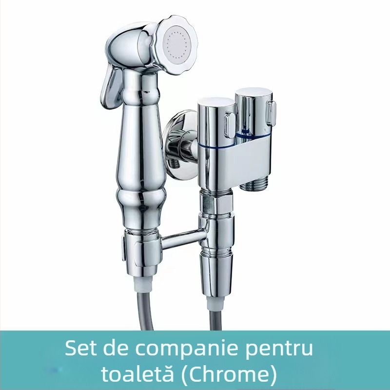 Set duș pentru toaletă cu montaj în perete, corp din cupru, ieșire dublă, robinet unghiular