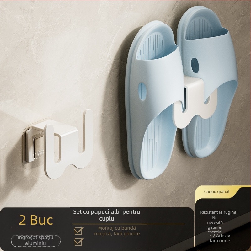 Organizator pentru papuci de baie, din oțel carbon, montat pe perete fără găuri, cu cârlig de drenaj, stil lux ușor