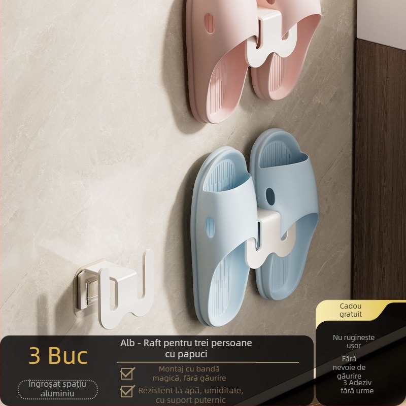 Organizator pentru papuci de baie, din oțel carbon, montat pe perete fără găuri, cu cârlig de drenaj, stil lux ușor