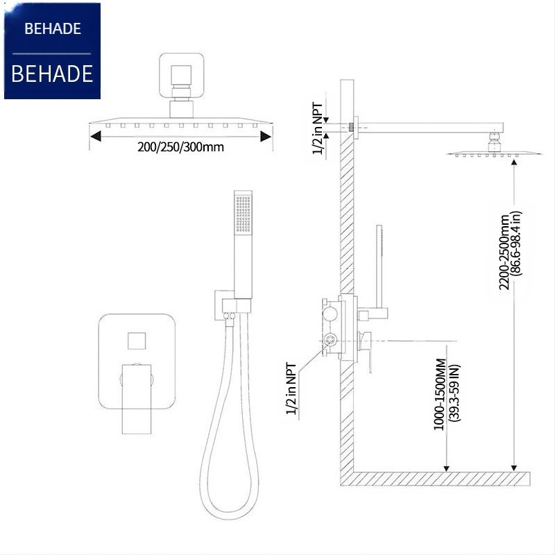 Sistem de duș încastrat, corp din cupru, funcție ploaie, formă pătrată, model 079 US Gauge