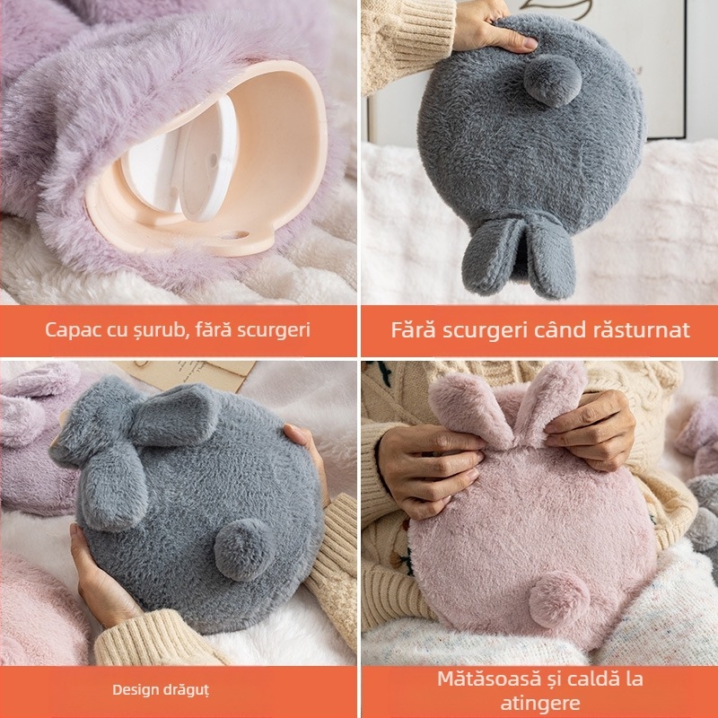 Sticlă cu apă caldă din pluș, design drăguț; PVC de înaltă densitate; încălzire prin umplere cu apă; utilizare multiplă pentru mâini, picioare, talie, abdomen, cap și spate; duală utilizare cald și rece.