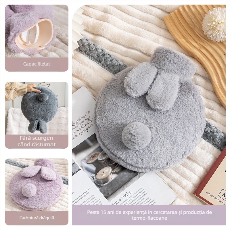 Sticlă cu apă caldă din pluș, design drăguț; PVC de înaltă densitate; încălzire prin umplere cu apă; utilizare multiplă pentru mâini, picioare, talie, abdomen, cap și spate; duală utilizare cald și rece.