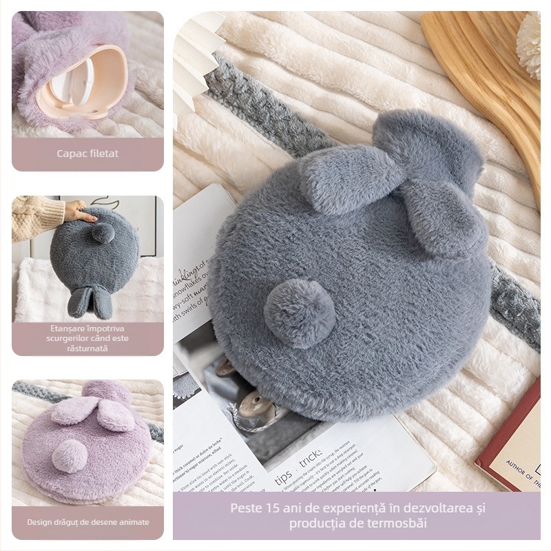 Sticlă cu apă caldă din pluș, design drăguț; PVC de înaltă densitate; încălzire prin umplere cu apă; utilizare multiplă pentru mâini, picioare, talie, abdomen, cap și spate; duală utilizare cald și rece.