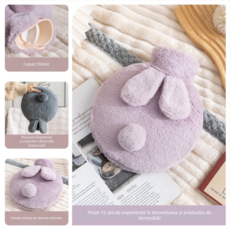 Sticlă cu apă caldă din pluș, design drăguț; PVC de înaltă densitate; încălzire prin umplere cu apă; utilizare multiplă pentru mâini, picioare, talie, abdomen, cap și spate; duală utilizare cald și rece.