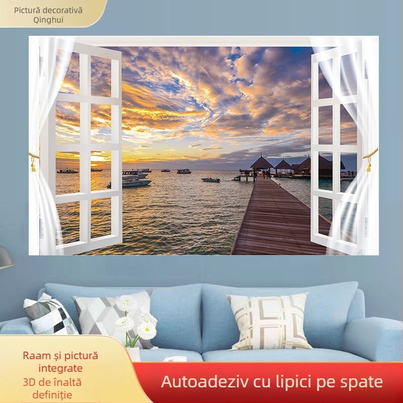 Sticker decorativ de perete cu peisaj marin - PVC autoadeziv, fără ramă, peisaj pentru living și dormitor (imprimare Inkjet)