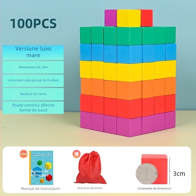 Cuburi educaționale din lemn pentru matematică: lemn, vârsta 7–14 ani, 0–38 bucăți, vopsea pe bază de apă, placă de densitate