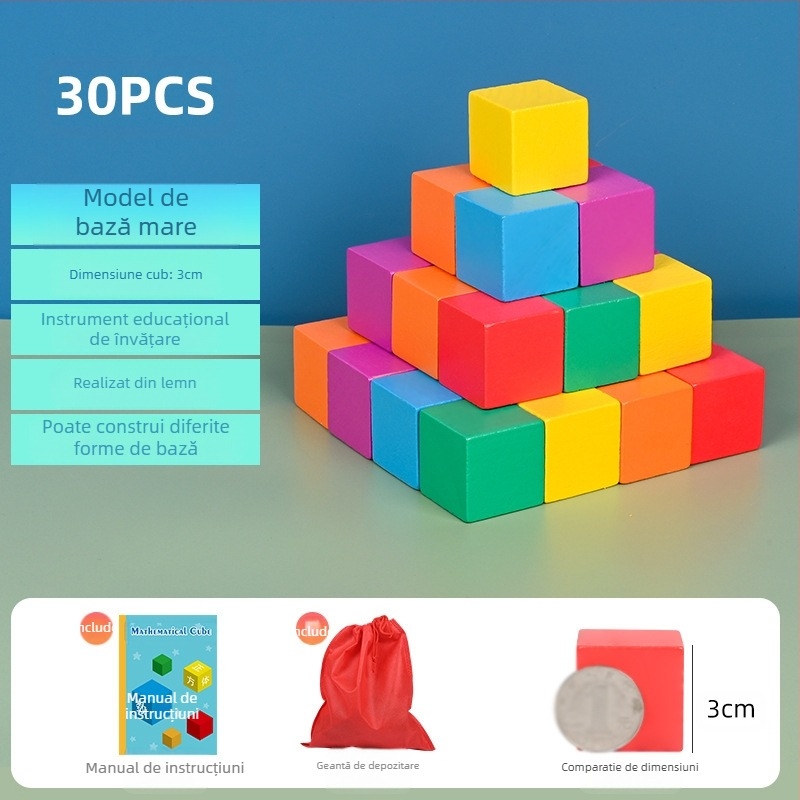 Cuburi educaționale din lemn pentru matematică: lemn, vârsta 7–14 ani, 0–38 bucăți, vopsea pe bază de apă, placă de densitate