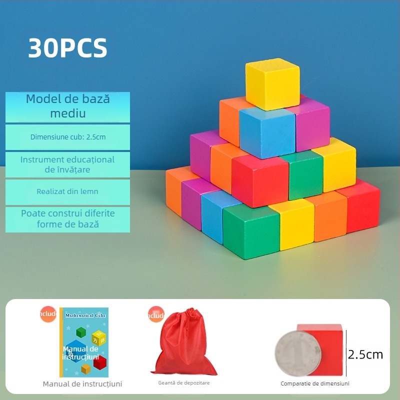 Cuburi educaționale din lemn pentru matematică: lemn, vârsta 7–14 ani, 0–38 bucăți, vopsea pe bază de apă, placă de densitate