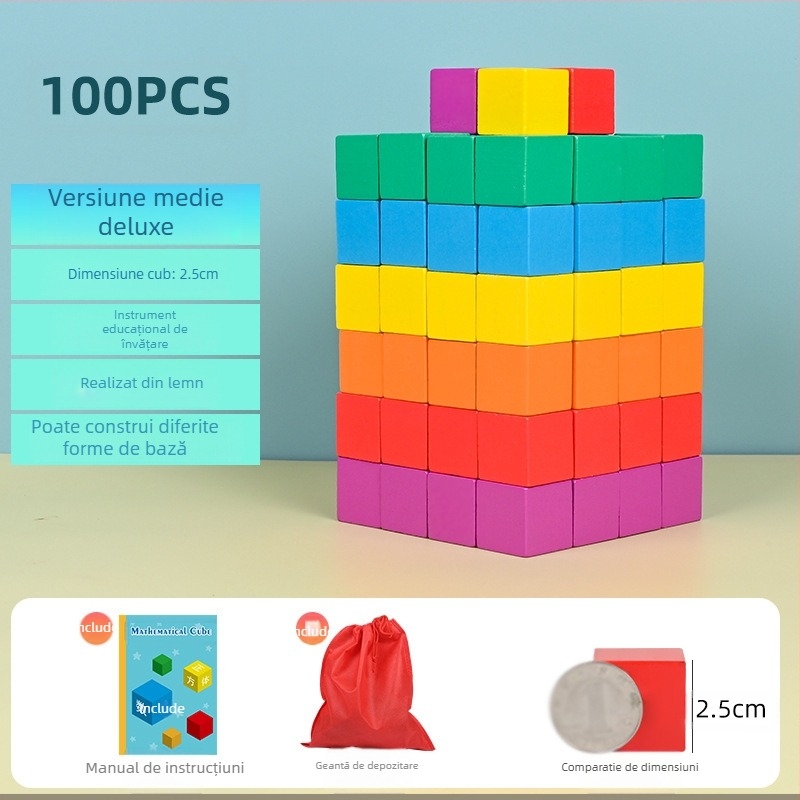Cuburi educaționale din lemn pentru matematică: lemn, vârsta 7–14 ani, 0–38 bucăți, vopsea pe bază de apă, placă de densitate