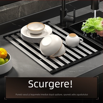 Raft de depozitare pentru chiuvetă, montat pe perete, din oțel inoxidabil, suport de drenaj pliabil, coș de drenaj, fără montaj, stil modern minimalist