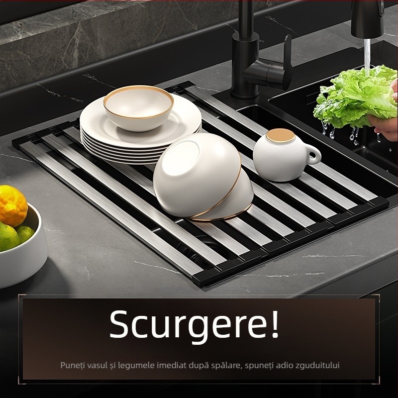 Raft de depozitare pentru chiuvetă, montat pe perete, din oțel inoxidabil, suport de drenaj pliabil, coș de drenaj, fără montaj, stil modern minimalist