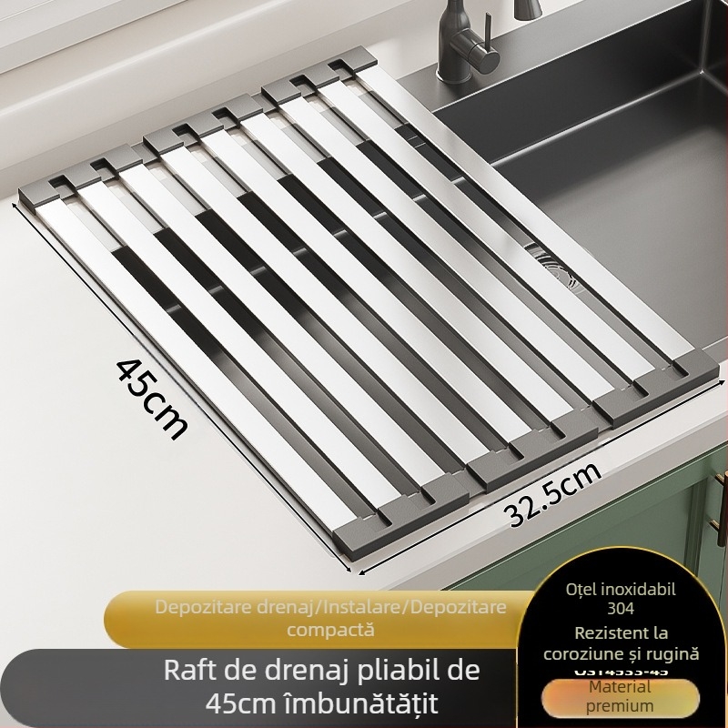 Raft de depozitare pentru chiuvetă, montat pe perete, din oțel inoxidabil, suport de drenaj pliabil, coș de drenaj, fără montaj, stil modern minimalist