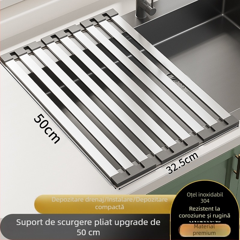 Raft de depozitare pentru chiuvetă, montat pe perete, din oțel inoxidabil, suport de drenaj pliabil, coș de drenaj, fără montaj, stil modern minimalist