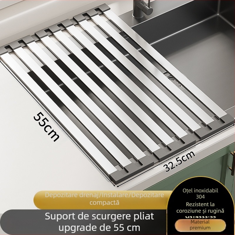 Raft de depozitare pentru chiuvetă, montat pe perete, din oțel inoxidabil, suport de drenaj pliabil, coș de drenaj, fără montaj, stil modern minimalist