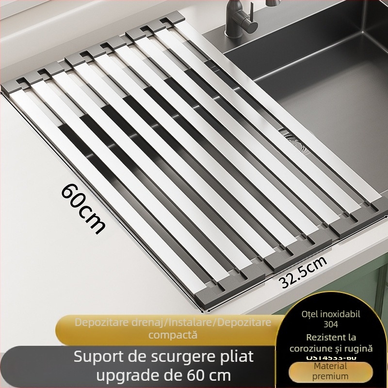 Raft de depozitare pentru chiuvetă, montat pe perete, din oțel inoxidabil, suport de drenaj pliabil, coș de drenaj, fără montaj, stil modern minimalist