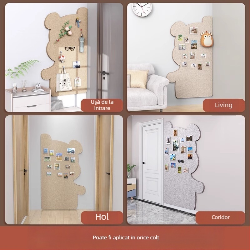 Piată de perete din fetru cu motiv urs, panou din plută, stil desen animat, material plush, instalare fără găuri