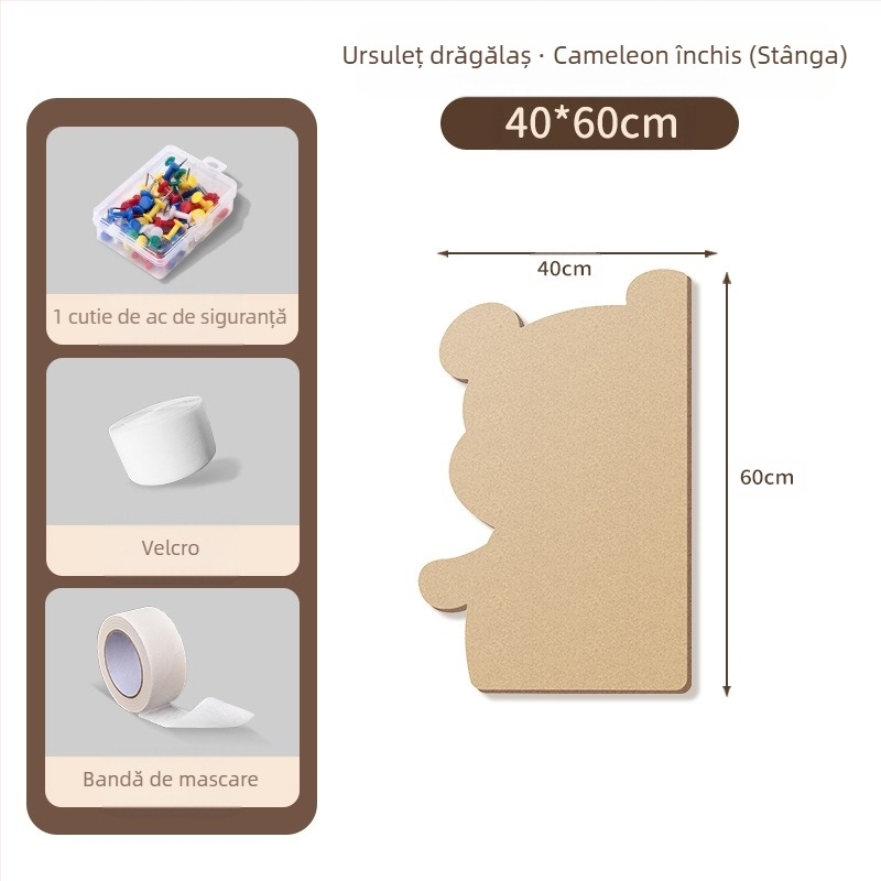 Piată de perete din fetru cu motiv urs, panou din plută, stil desen animat, material plush, instalare fără găuri