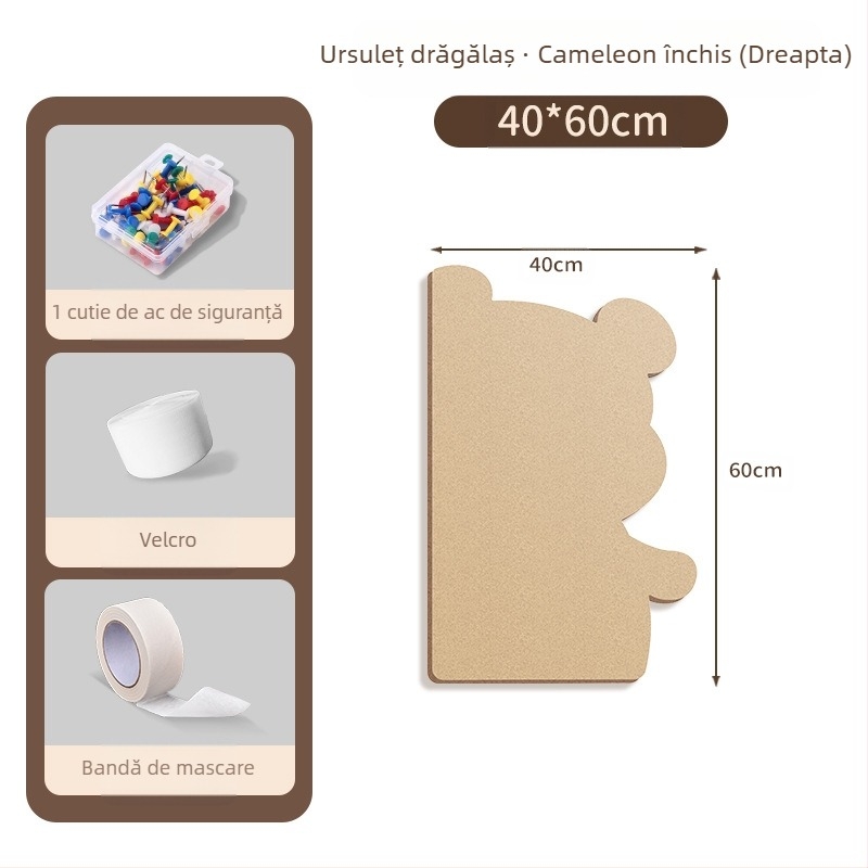 Piată de perete din fetru cu motiv urs, panou din plută, stil desen animat, material plush, instalare fără găuri