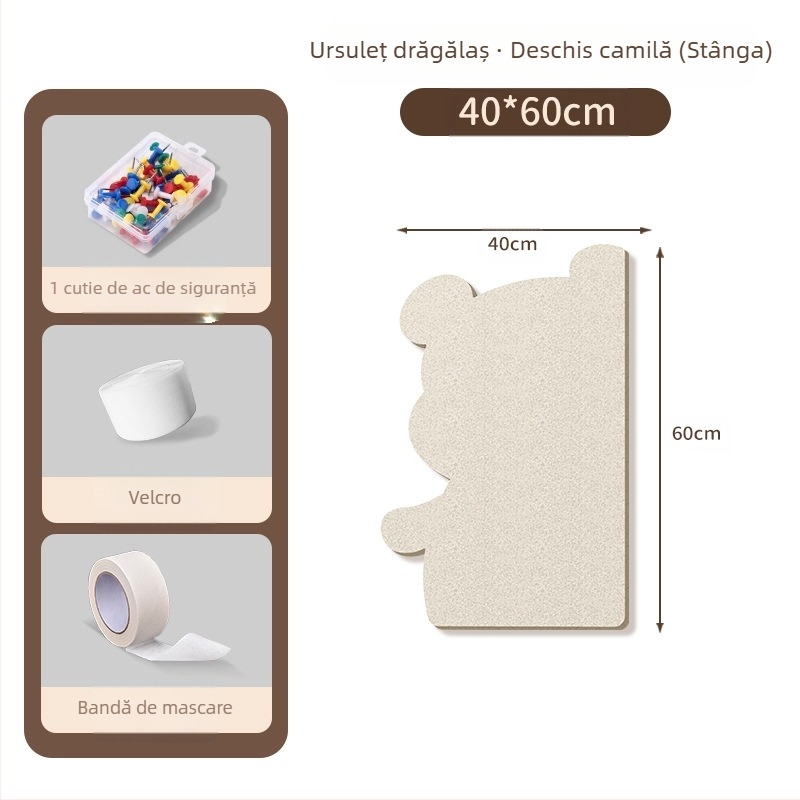 Piată de perete din fetru cu motiv urs, panou din plută, stil desen animat, material plush, instalare fără găuri