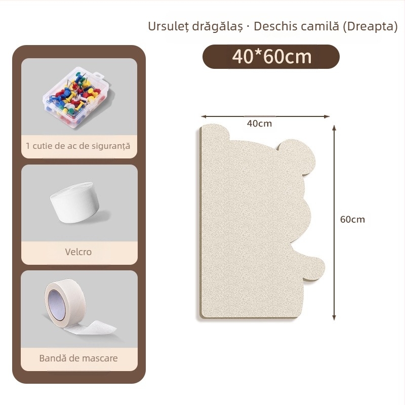 Piată de perete din fetru cu motiv urs, panou din plută, stil desen animat, material plush, instalare fără găuri