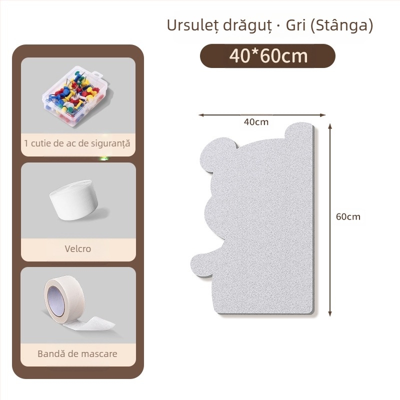 Piată de perete din fetru cu motiv urs, panou din plută, stil desen animat, material plush, instalare fără găuri