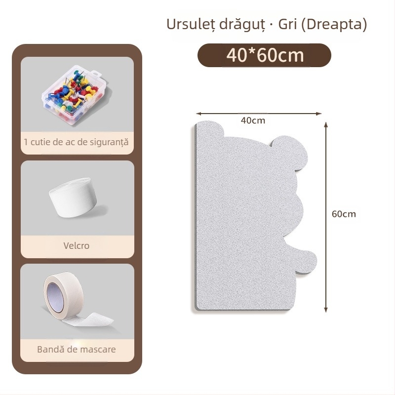 Piată de perete din fetru cu motiv urs, panou din plută, stil desen animat, material plush, instalare fără găuri