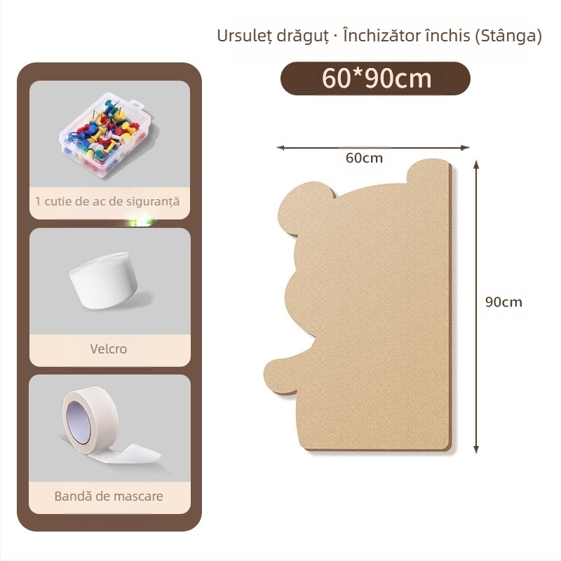 Piată de perete din fetru cu motiv urs, panou din plută, stil desen animat, material plush, instalare fără găuri