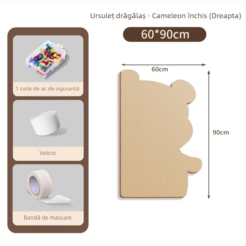 Piată de perete din fetru cu motiv urs, panou din plută, stil desen animat, material plush, instalare fără găuri