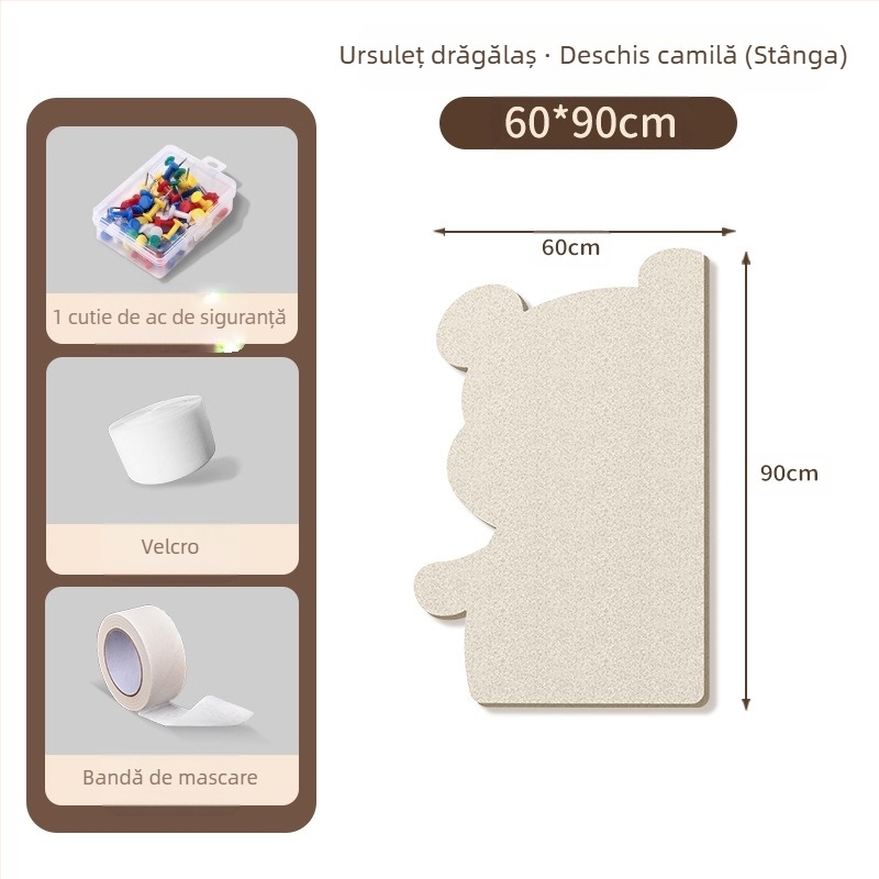 Piată de perete din fetru cu motiv urs, panou din plută, stil desen animat, material plush, instalare fără găuri