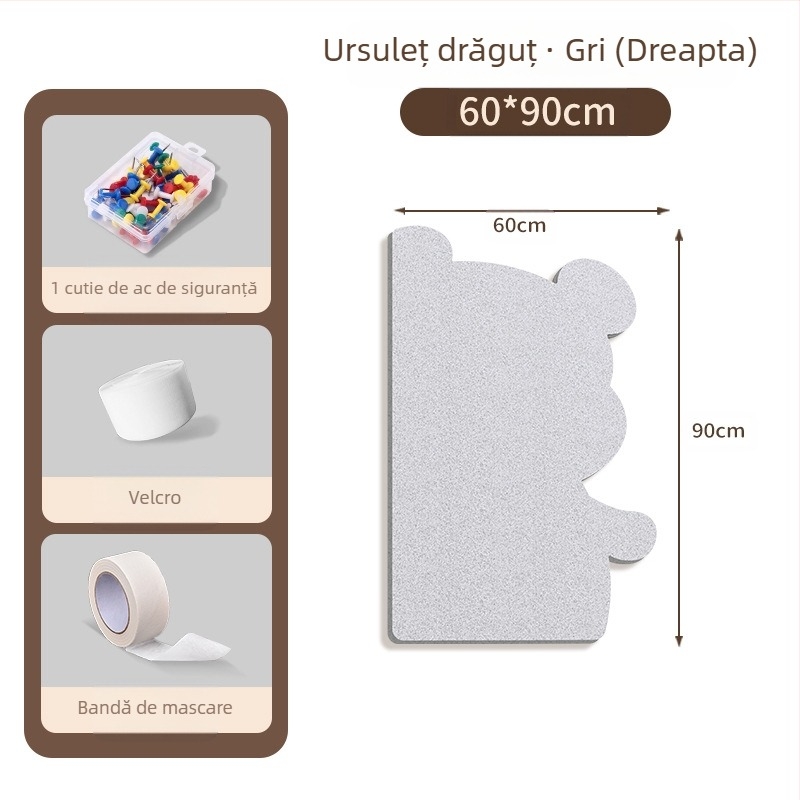 Piată de perete din fetru cu motiv urs, panou din plută, stil desen animat, material plush, instalare fără găuri