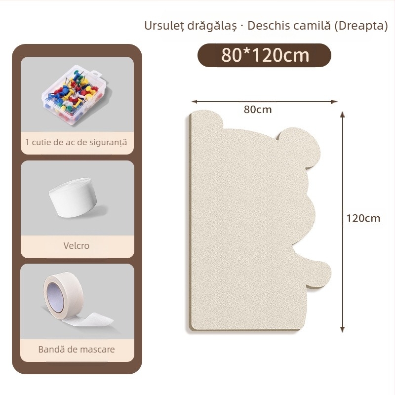 Piată de perete din fetru cu motiv urs, panou din plută, stil desen animat, material plush, instalare fără găuri