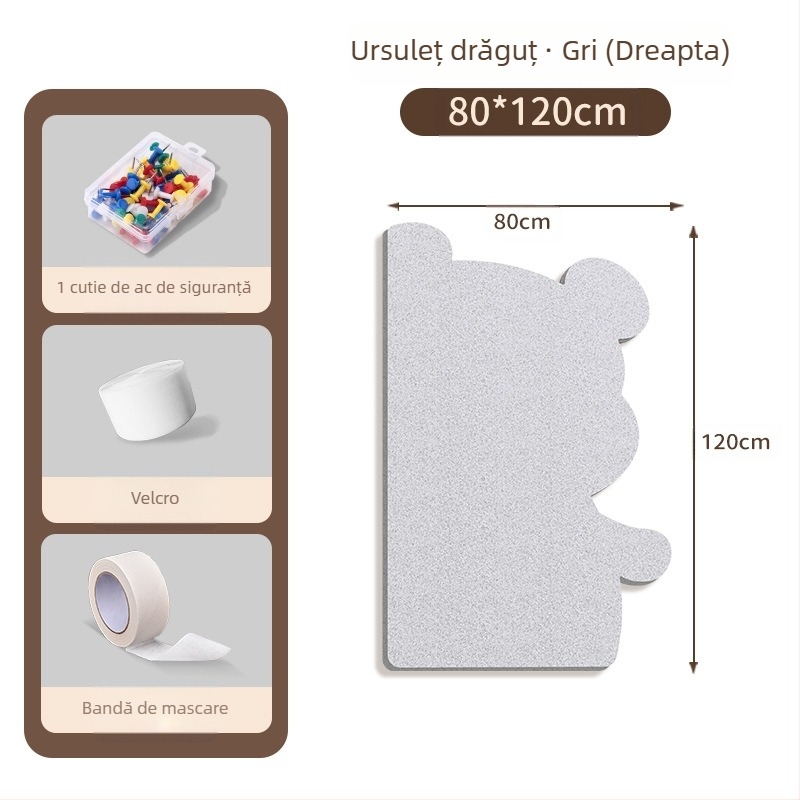 Piată de perete din fetru cu motiv urs, panou din plută, stil desen animat, material plush, instalare fără găuri