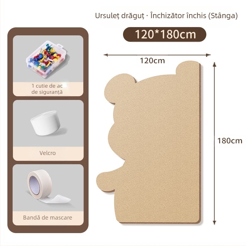 Piată de perete din fetru cu motiv urs, panou din plută, stil desen animat, material plush, instalare fără găuri