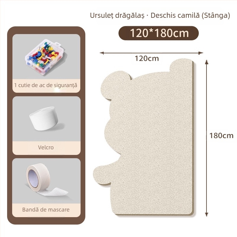 Piată de perete din fetru cu motiv urs, panou din plută, stil desen animat, material plush, instalare fără găuri