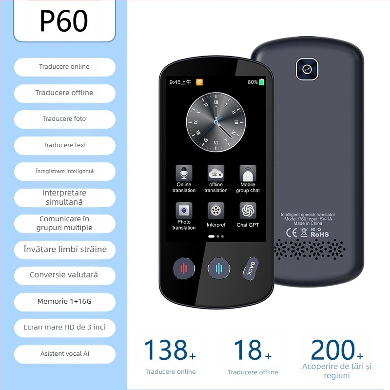 Traducător multilingv cu traducere offline și traducere prin telefon • Sistem Android • Bluetooth compatibil • Distanță wireless 5 m • Mod de operare: buton + ecran tactil