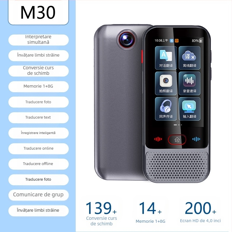 Traducător multilingv cu traducere offline și traducere prin telefon • Sistem Android • Bluetooth compatibil • Distanță wireless 5 m • Mod de operare: buton + ecran tactil