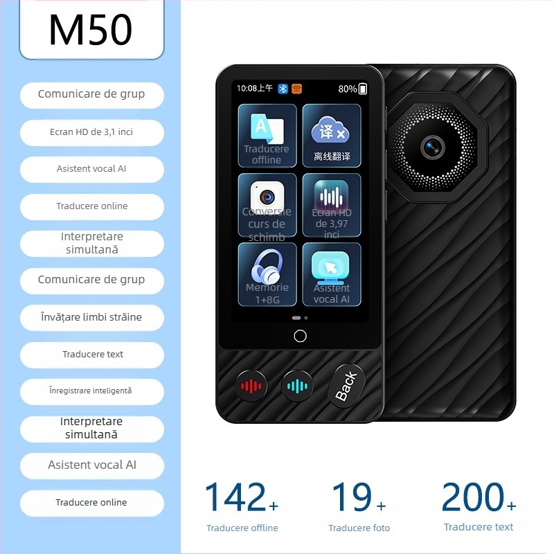 Traducător multilingv cu traducere offline și traducere prin telefon • Sistem Android • Bluetooth compatibil • Distanță wireless 5 m • Mod de operare: buton + ecran tactil