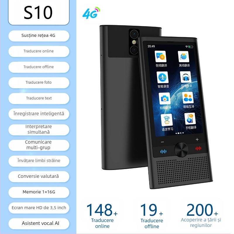 Traducător multilingv cu traducere offline și traducere prin telefon • Sistem Android • Bluetooth compatibil • Distanță wireless 5 m • Mod de operare: buton + ecran tactil