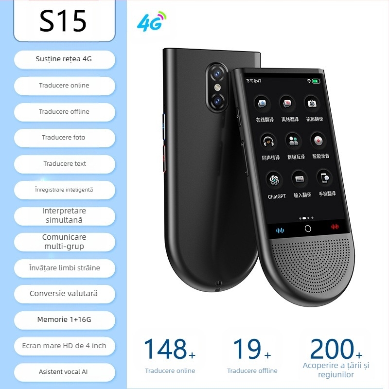 Traducător multilingv cu traducere offline și traducere prin telefon • Sistem Android • Bluetooth compatibil • Distanță wireless 5 m • Mod de operare: buton + ecran tactil