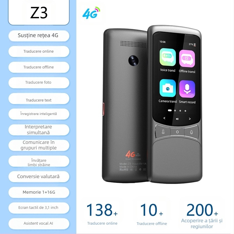 Traducător multilingv cu traducere offline și traducere prin telefon • Sistem Android • Bluetooth compatibil • Distanță wireless 5 m • Mod de operare: buton + ecran tactil