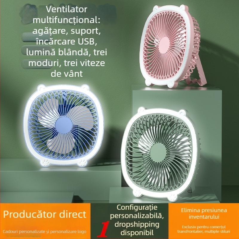 Lampă de birou cu ventilator USB, iluminare, 3 trepte de viteză, mod mecanic, baterie detașabilă