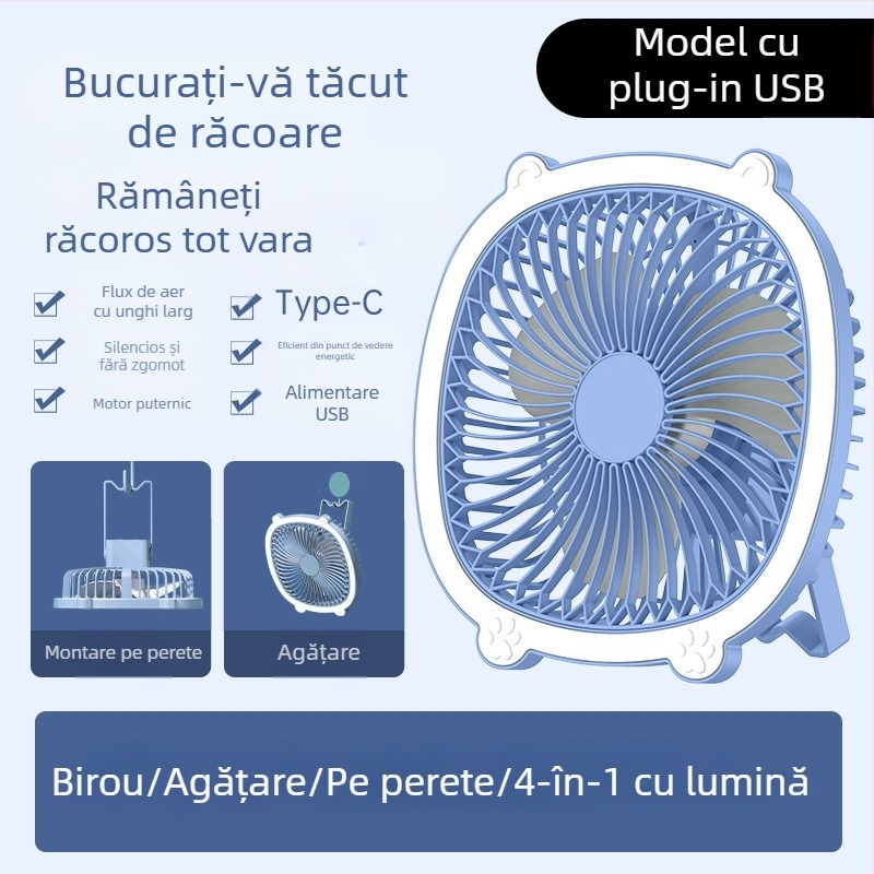 Lampă de birou cu ventilator USB, iluminare, 3 trepte de viteză, mod mecanic, baterie detașabilă