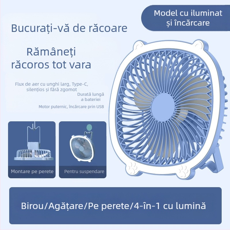 Lampă de birou cu ventilator USB, iluminare, 3 trepte de viteză, mod mecanic, baterie detașabilă