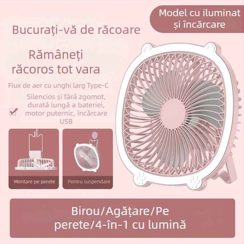 Lampă de birou cu ventilator USB, iluminare, 3 trepte de viteză, mod mecanic, baterie detașabilă