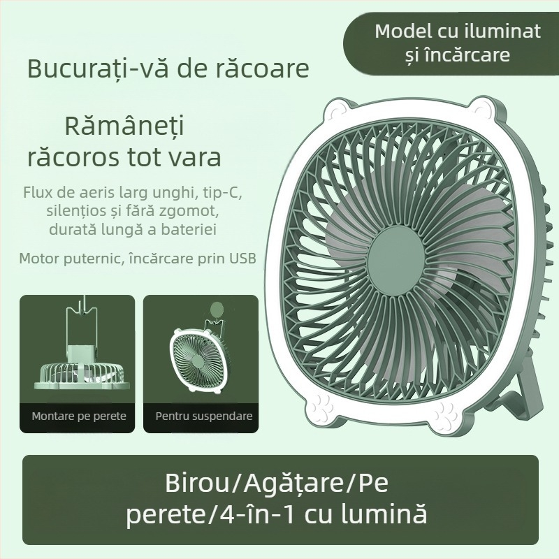 Lampă de birou cu ventilator USB, iluminare, 3 trepte de viteză, mod mecanic, baterie detașabilă