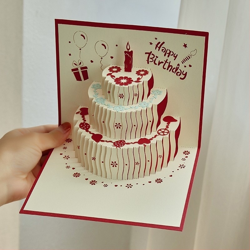 Felicitare de ziua de naștere - motiv tort cu căpșună 3D, muzică și lumini, imprimată, temă de naștere, design simplu modern