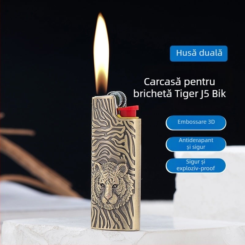Brichetă metalică cu butan YF922-J5, design relief tigru, personalizabilă