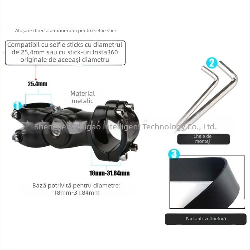 Montură cameră pentru filmare în perspectiva celui de-al treilea personaj pe motocicletă/bicicletă – aliaj de aluminiu; mâner selfie GoPro și Insta360 X3