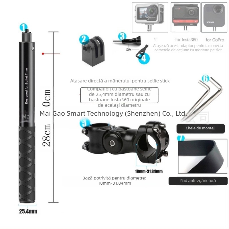 Montură cameră pentru filmare în perspectiva celui de-al treilea personaj pe motocicletă/bicicletă – aliaj de aluminiu; mâner selfie GoPro și Insta360 X3