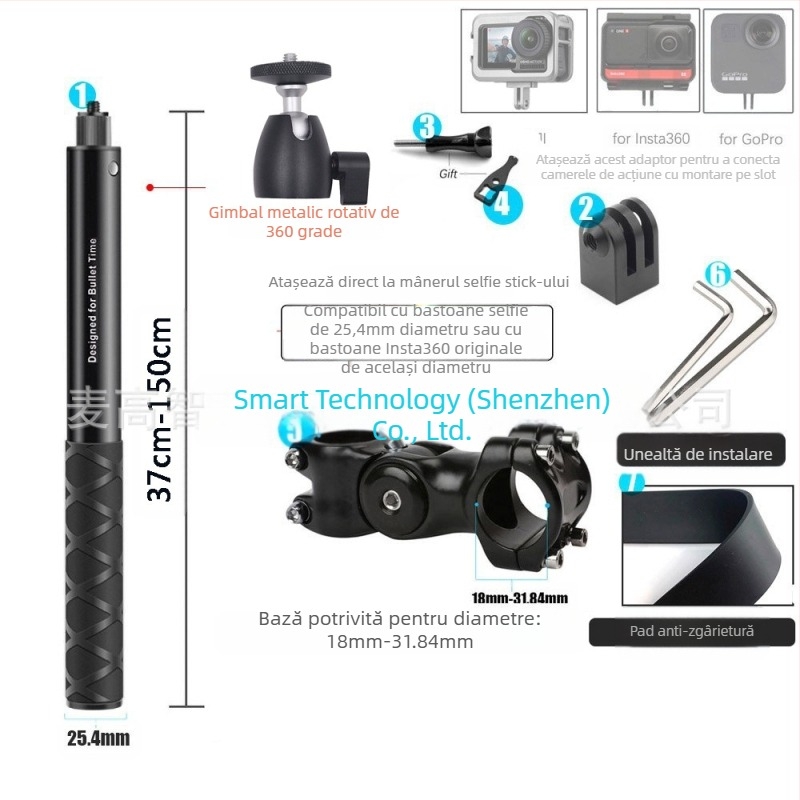 Montură cameră pentru filmare în perspectiva celui de-al treilea personaj pe motocicletă/bicicletă – aliaj de aluminiu; mâner selfie GoPro și Insta360 X3